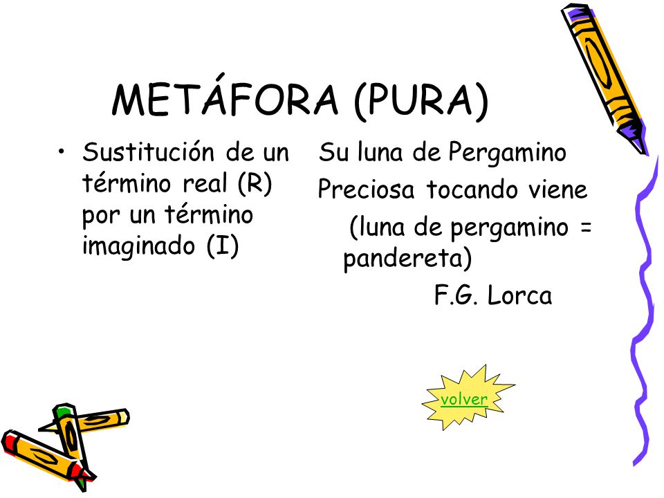 METÁFORA (PURA) Sustitución de un término real (R) por un término imaginado (I) Su luna de Pergamino.