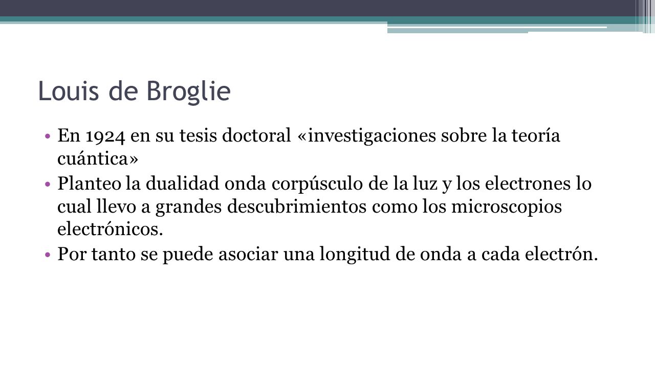 Louis de Broglie En 1924 en su tesis doctoral «investigaciones sobre la teoría cuántica»