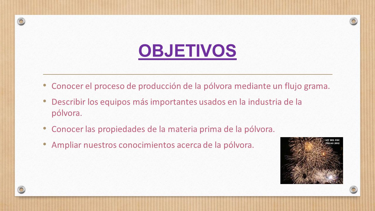 OBJETIVOS Conocer el proceso de producción de la pólvora mediante un flujo grama.