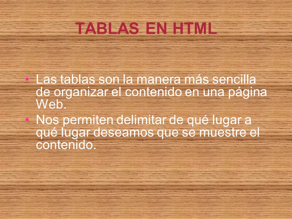 TABLAS EN HTML Las tablas son la manera más sencilla de organizar el contenido en una página Web.