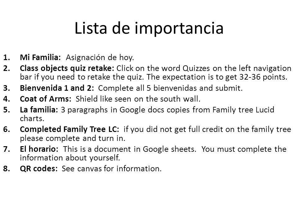 Lista de importancia Mi Familia: Asignación de hoy.