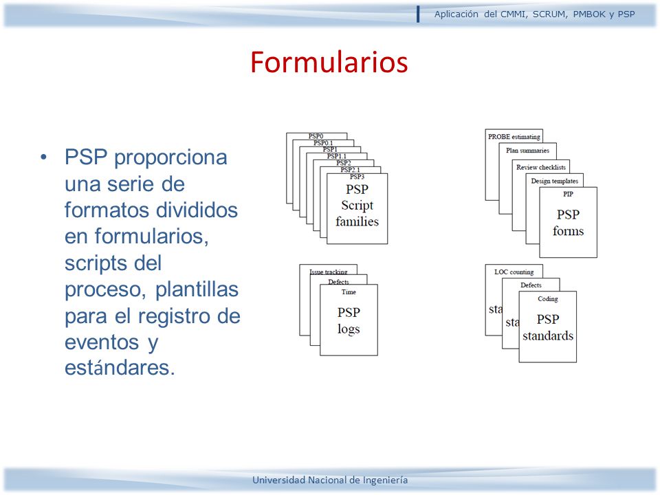 Formularios PSP proporciona una serie de formatos divididos en formularios, scripts del proceso, plantillas para el registro de eventos y estándares.