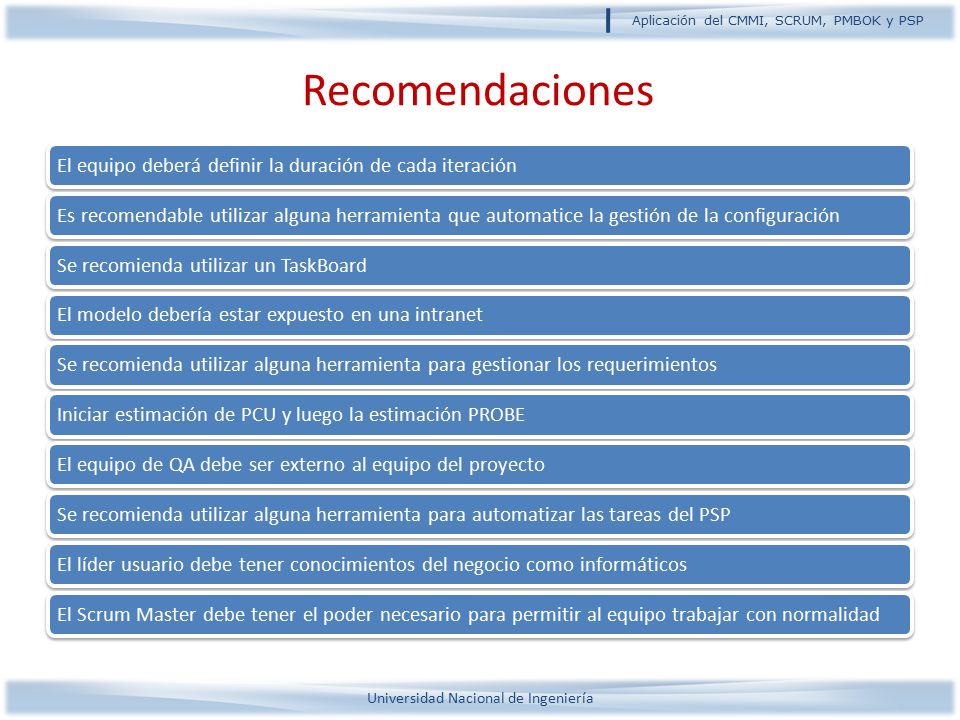 Recomendaciones El equipo deberá definir la duración de cada iteración