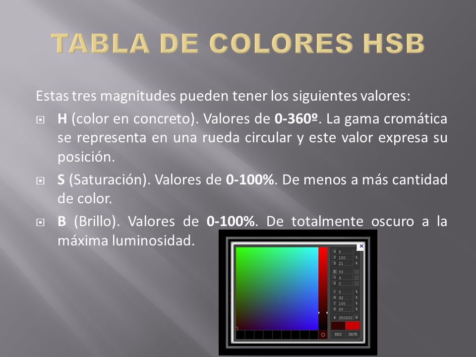 TABLA DE COLORES HSB Estas tres magnitudes pueden tener los siguientes valores: