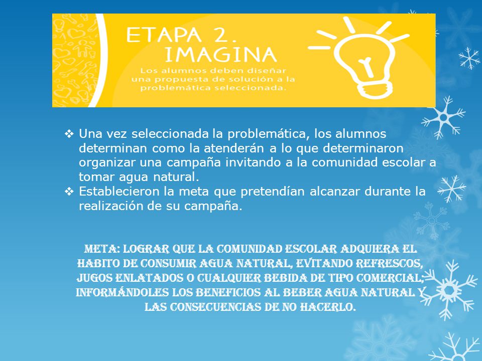 Una vez seleccionada la problemática, los alumnos determinan como la atenderán a lo que determinaron organizar una campaña invitando a la comunidad escolar a tomar agua natural.