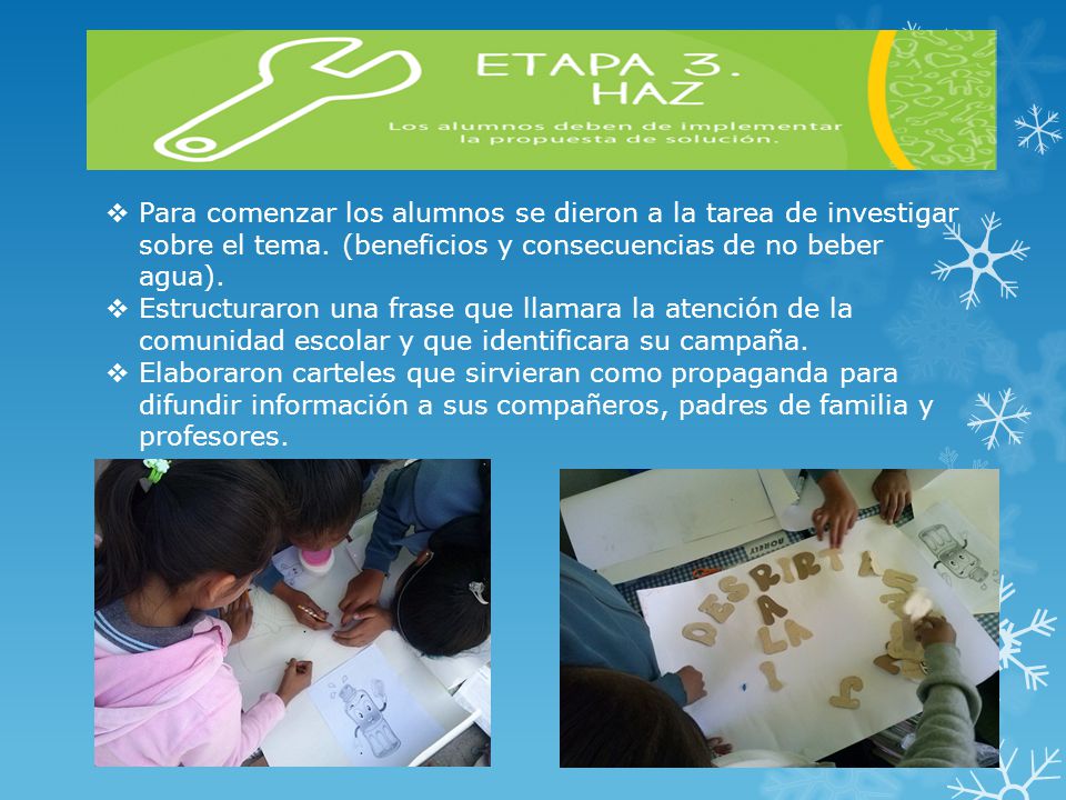 Para comenzar los alumnos se dieron a la tarea de investigar sobre el tema. (beneficios y consecuencias de no beber agua).