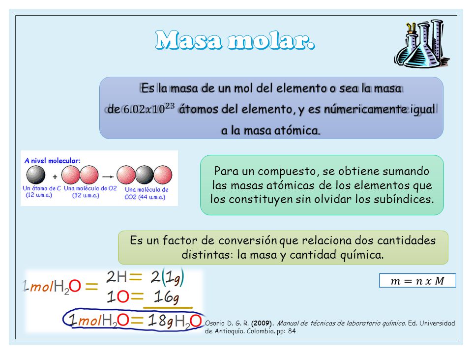 Masa molar. Para un compuesto, se obtiene sumando las masas atómicas de los elementos que los constituyen sin olvidar los subíndices.