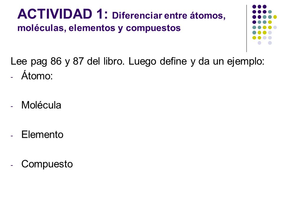 ACTIVIDAD 1: Diferenciar entre átomos, moléculas, elementos y compuestos