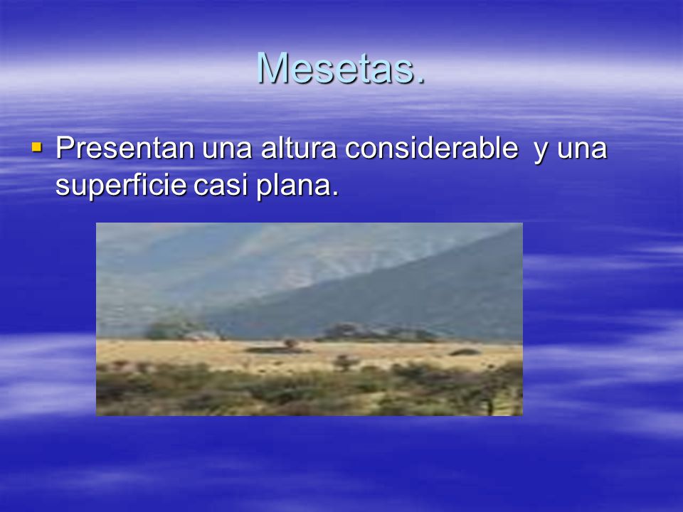 Mesetas. Presentan una altura considerable y una superficie casi plana.