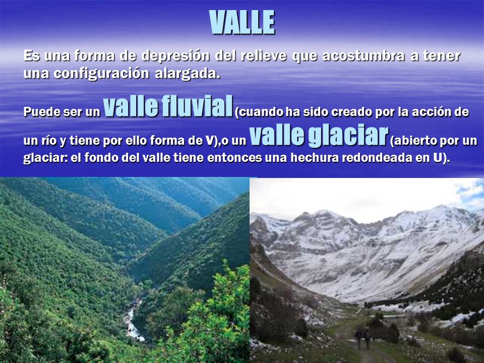 VALLE Es una forma de depresión del relieve que acostumbra a tener una configuración alargada.
