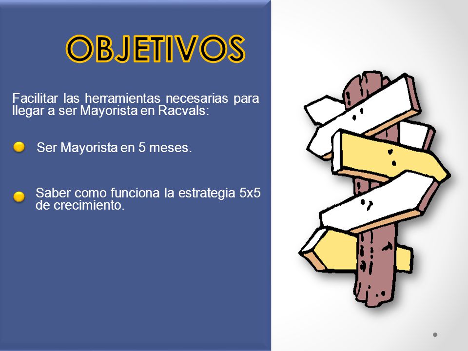 OBJETIVOS Facilitar las herramientas necesarias para llegar a ser Mayorista en Racvals: