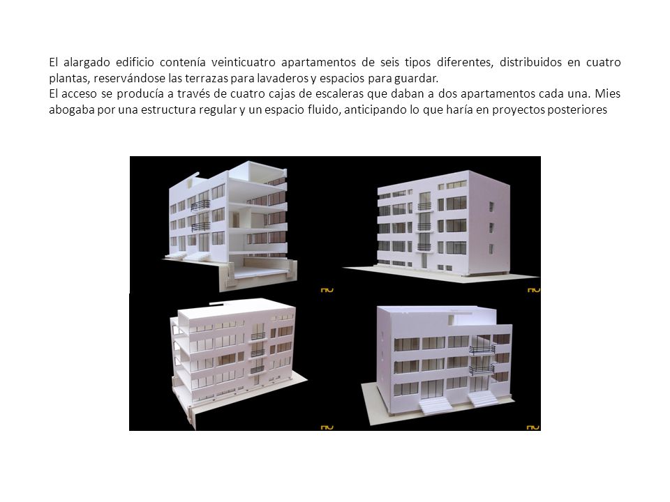 El alargado edificio contenía veinticuatro apartamentos de seis tipos diferentes, distribuidos en cuatro plantas, reservándose las terrazas para lavaderos y espacios para guardar.