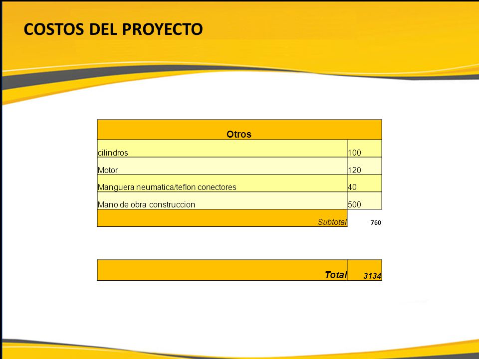 Costos del proyecto Otros Total cilindros 100 Motor 120