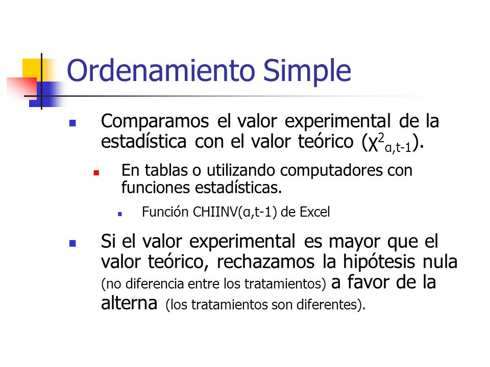 Ordenamiento Simple Comparamos el valor experimental de la estadística con el valor teórico (χ2α,t-1).