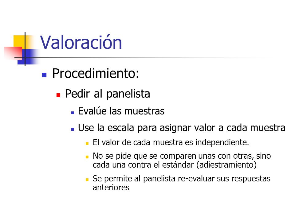 Valoración Procedimiento: Pedir al panelista Evalúe las muestras