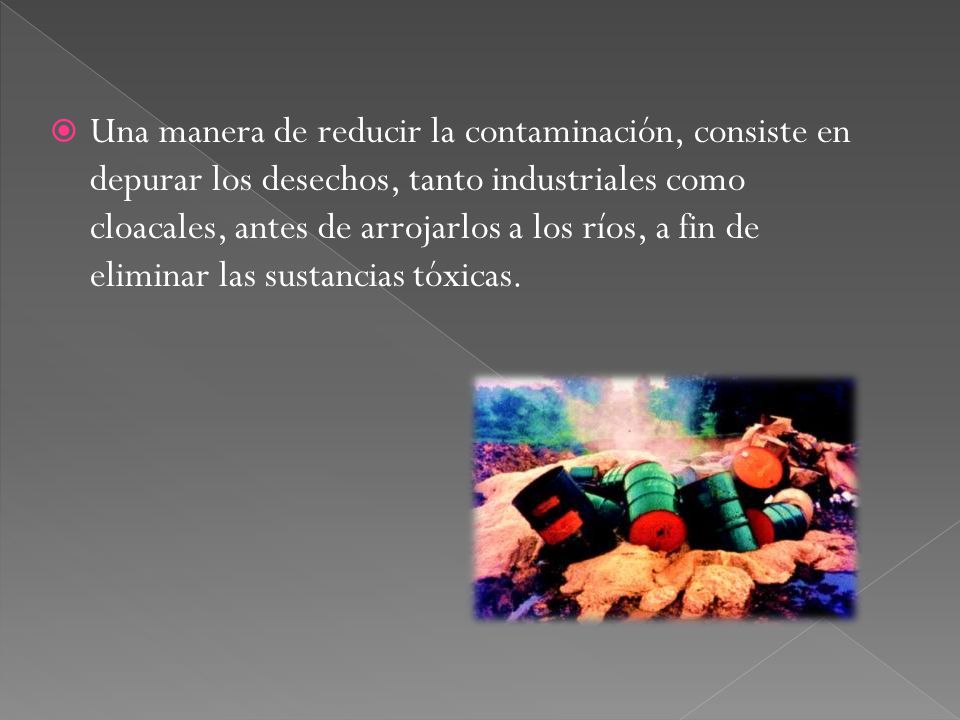 Una manera de reducir la contaminación, consiste en depurar los desechos, tanto industriales como cloacales, antes de arrojarlos a los ríos, a fin de eliminar las sustancias tóxicas.