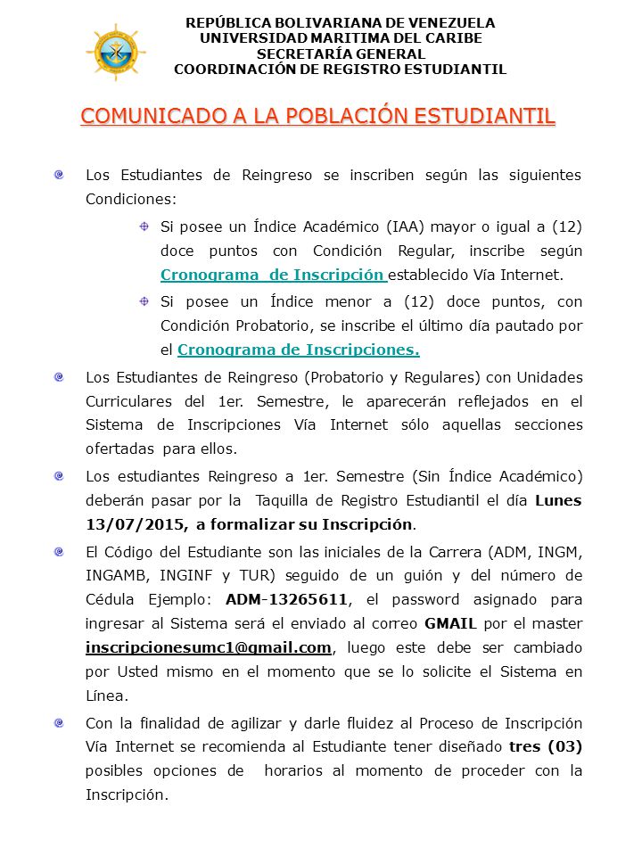 COMUNICADO A LA POBLACIÓN ESTUDIANTIL