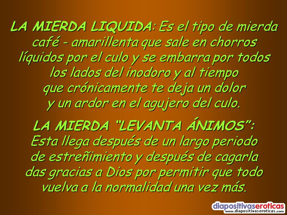 LA MIERDA LIQUIDA: Es el tipo de mierda café - amarillenta que sale en chorros líquidos por el culo y se embarra por todos los lados del inodoro y al tiempo que crónicamente te deja un dolor y un ardor en el agujero del culo.