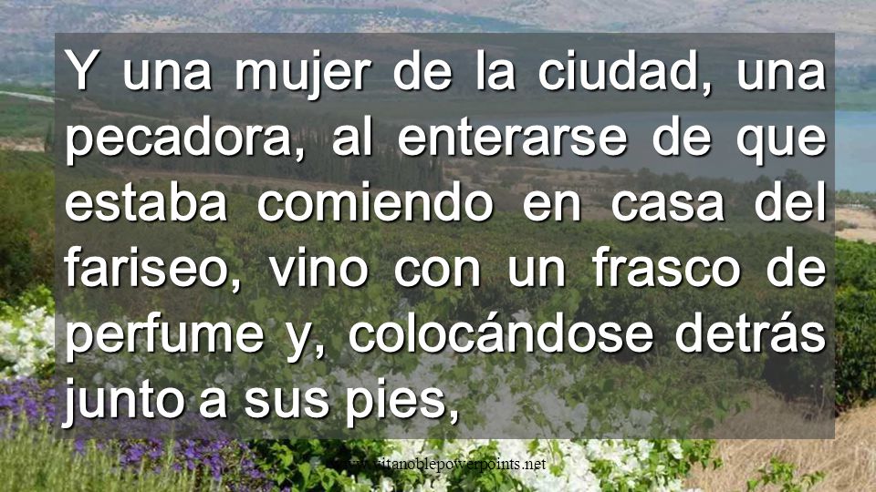 Y una mujer de la ciudad, una pecadora, al enterarse de que estaba comiendo en casa del fariseo, vino con un frasco de perfume y, colocándose detrás junto a sus pies,