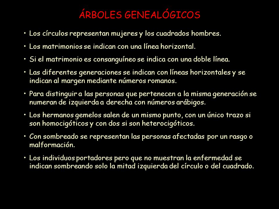 ÁRBOLES GENEALÓGICOS Los círculos representan mujeres y los cuadrados hombres. Los matrimonios se indican con una línea horizontal.
