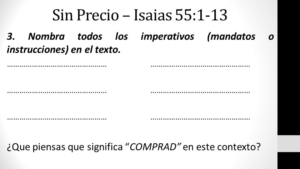 Sin Precio – Isaias 55: Nombra todos los imperativos (mandatos o instrucciones) en el texto.