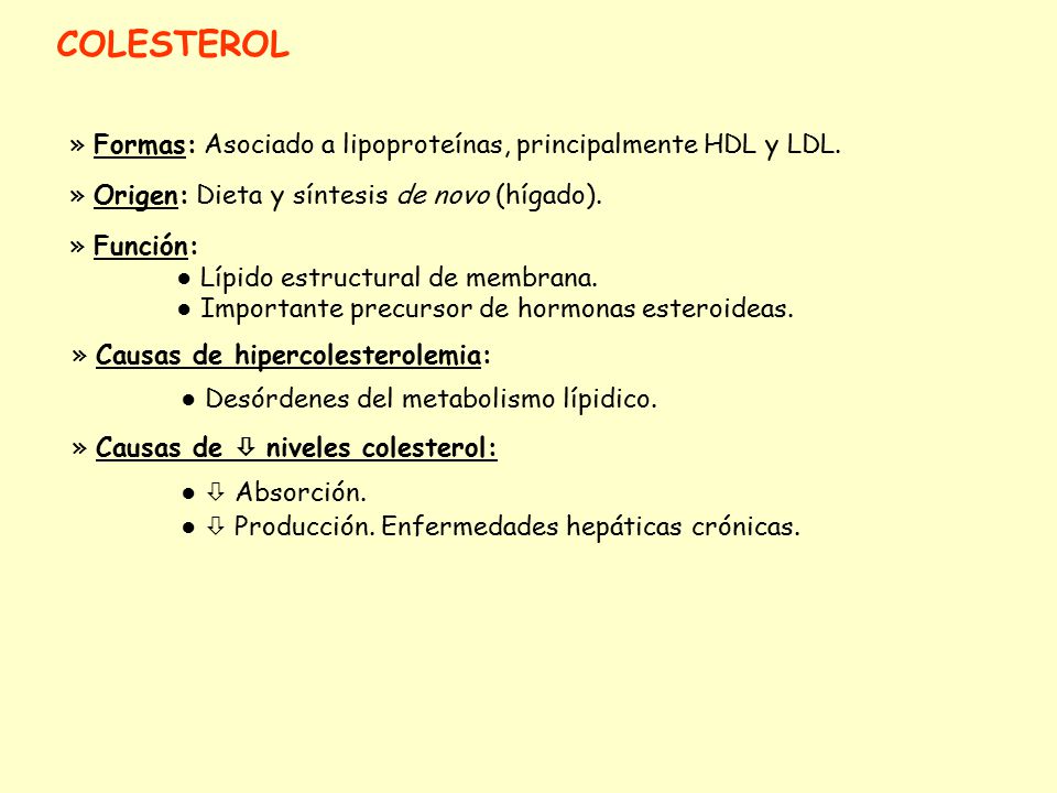 COLESTEROL » Formas: Asociado a lipoproteínas, principalmente HDL y LDL. » Origen: Dieta y síntesis de novo (hígado).