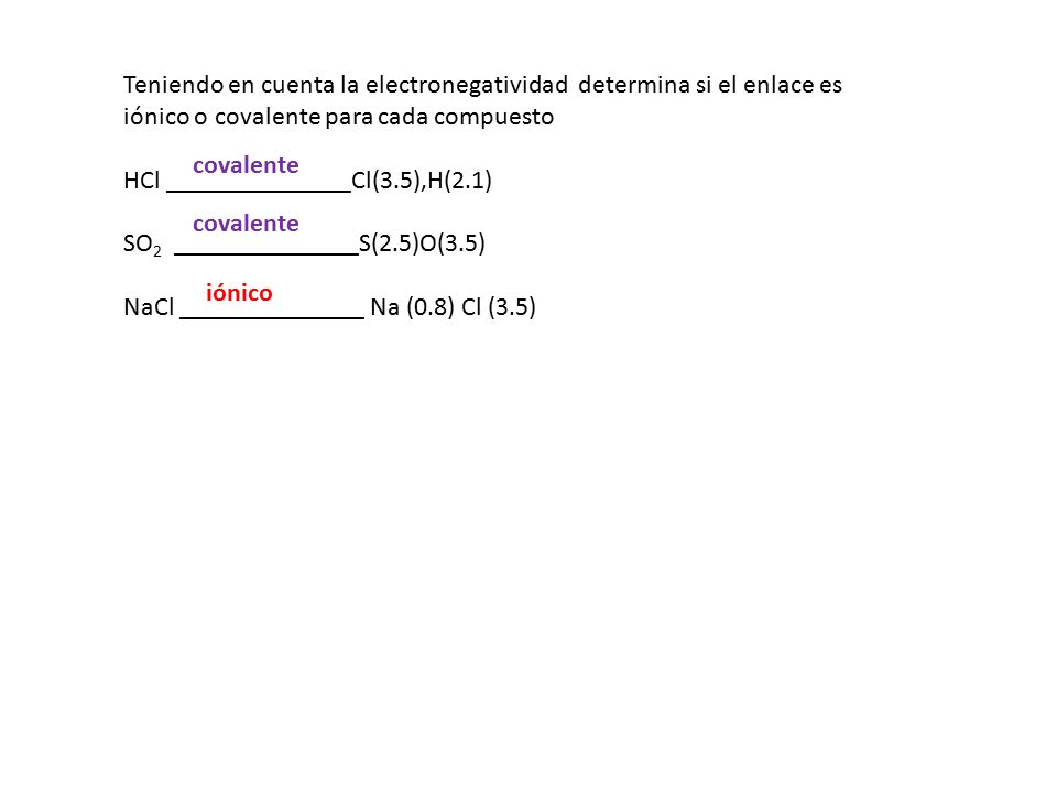 Teniendo en cuenta la electronegatividad determina si el enlace es iónico o covalente para cada compuesto