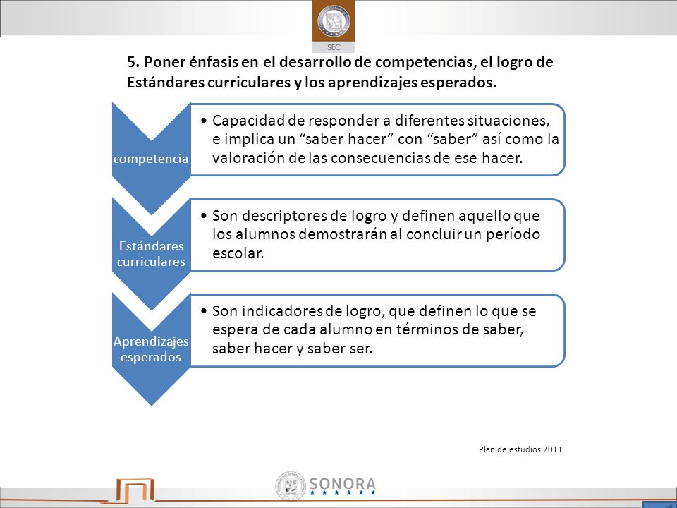 5. Poner énfasis en el desarrollo de competencias, el logro de Estándares curriculares y los aprendizajes esperados.