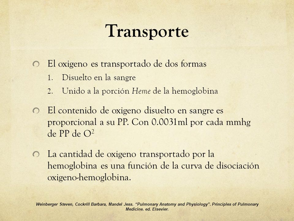 Transporte El oxigeno es transportado de dos formas