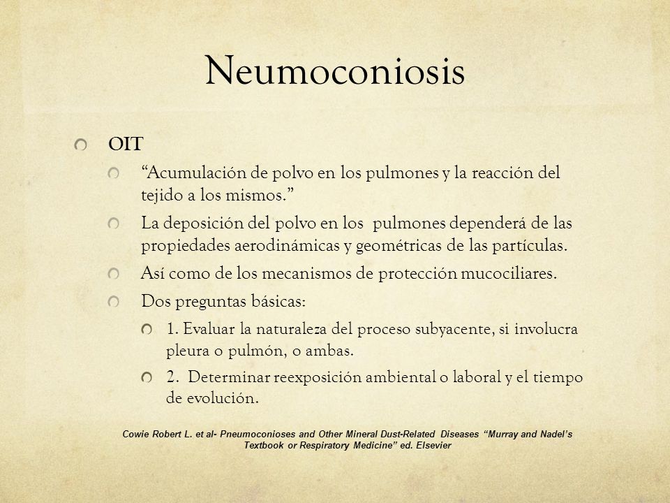 Neumoconiosis OIT. Acumulación de polvo en los pulmones y la reacción del tejido a los mismos.