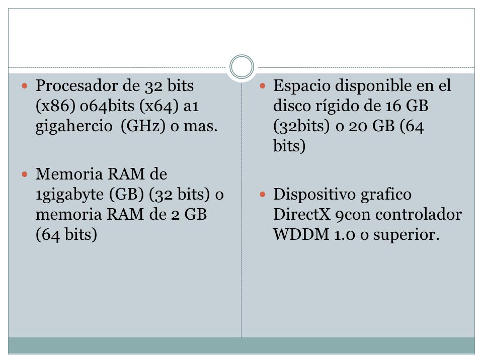 Procesador de 32 bits (x86) o64bits (x64) a1 gigahercio (GHz) o mas.