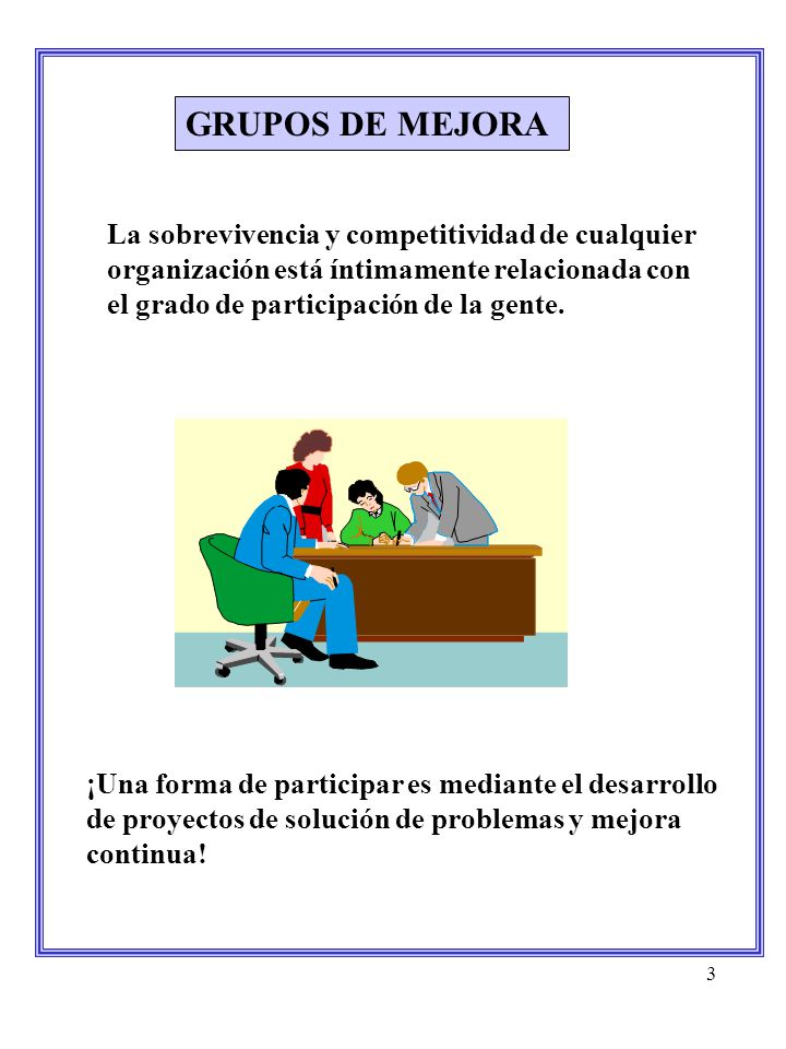 GRUPOS DE MEJORA La sobrevivencia y competitividad de cualquier organización está íntimamente relacionada con el grado de participación de la gente.