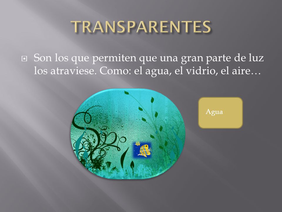 TRANSPARENTES Son los que permiten que una gran parte de luz los atraviese. Como: el agua, el vidrio, el aire…
