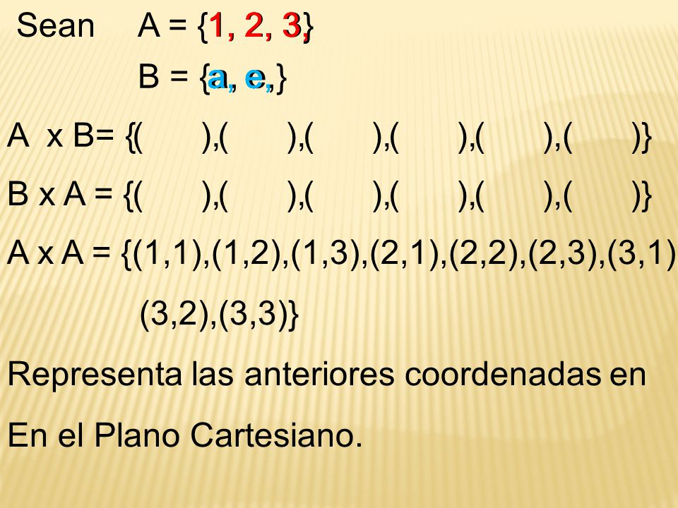 Sean A = {1, 2, 3} 1. 1, 1. 1, 2, , 3. 3, 3, 3. B = {a, e,} a. a, a, a. a.