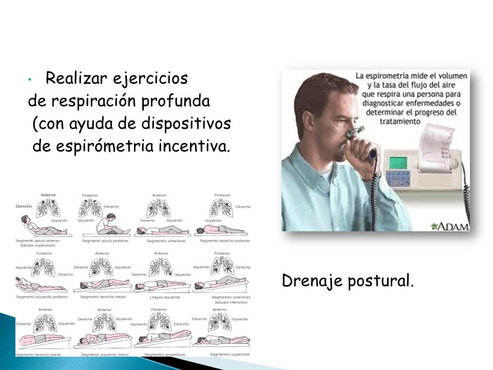 Realizar ejercicios de respiración profunda. (con ayuda de dispositivos. de espirómetria incentiva.