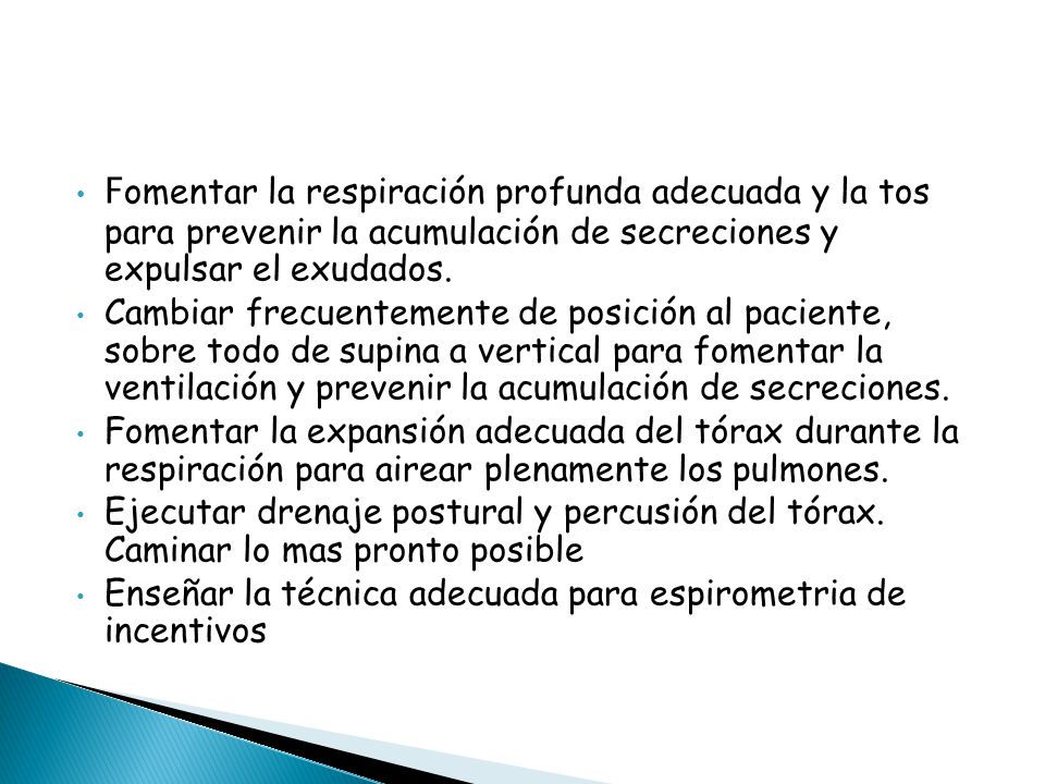 Fomentar la respiración profunda adecuada y la tos para prevenir la acumulación de secreciones y expulsar el exudados.