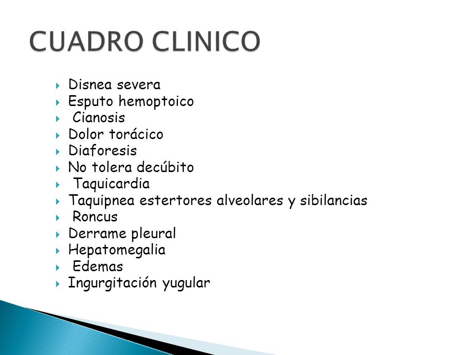 CUADRO CLINICO Disnea severa Esputo hemoptoico Cianosis Dolor torácico