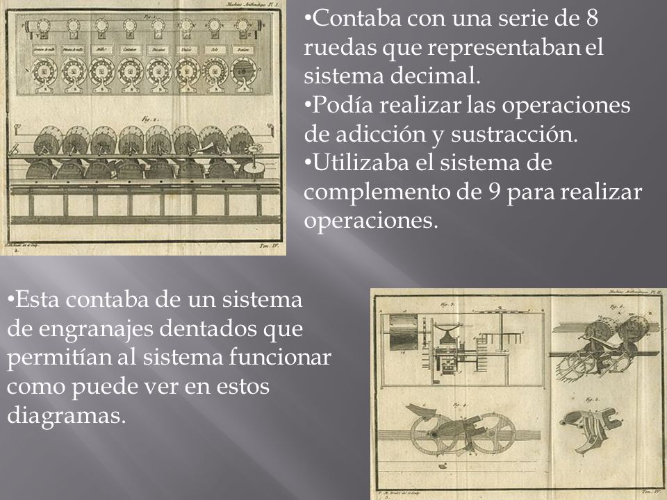 Contaba con una serie de 8 ruedas que representaban el sistema decimal.