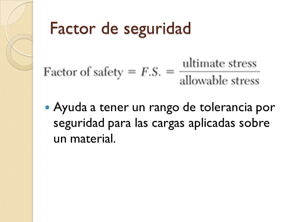 Factor de seguridad Ayuda a tener un rango de tolerancia por seguridad para las cargas aplicadas sobre un material.