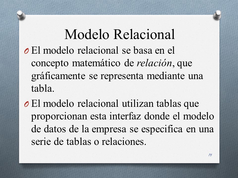 Modelo Relacional El modelo relacional se basa en el concepto matemático de relación, que gráficamente se representa mediante una tabla.