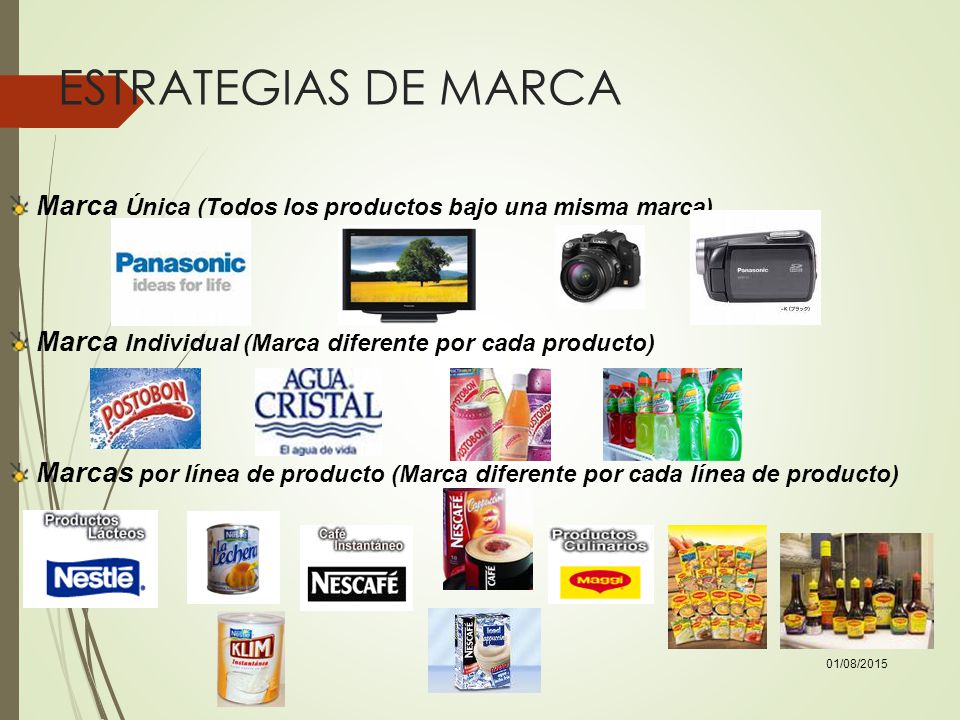 ESTRATEGIAS DE MARCA Marca Única (Todos los productos bajo una misma marca) Marca Individual (Marca diferente por cada producto)
