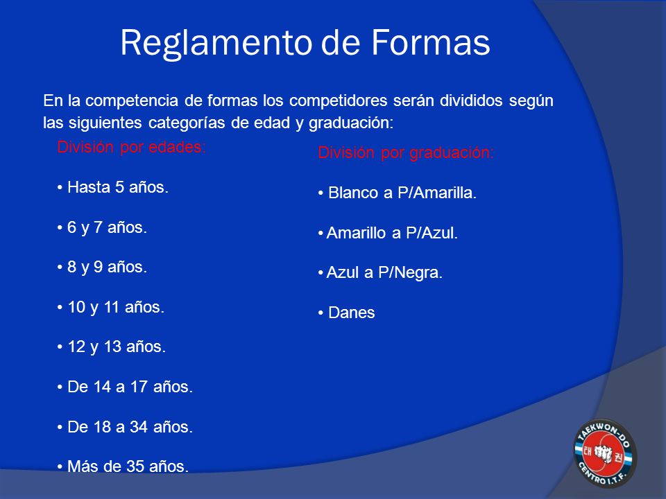 Reglamento de Formas En la competencia de formas los competidores serán divididos según las siguientes categorías de edad y graduación: