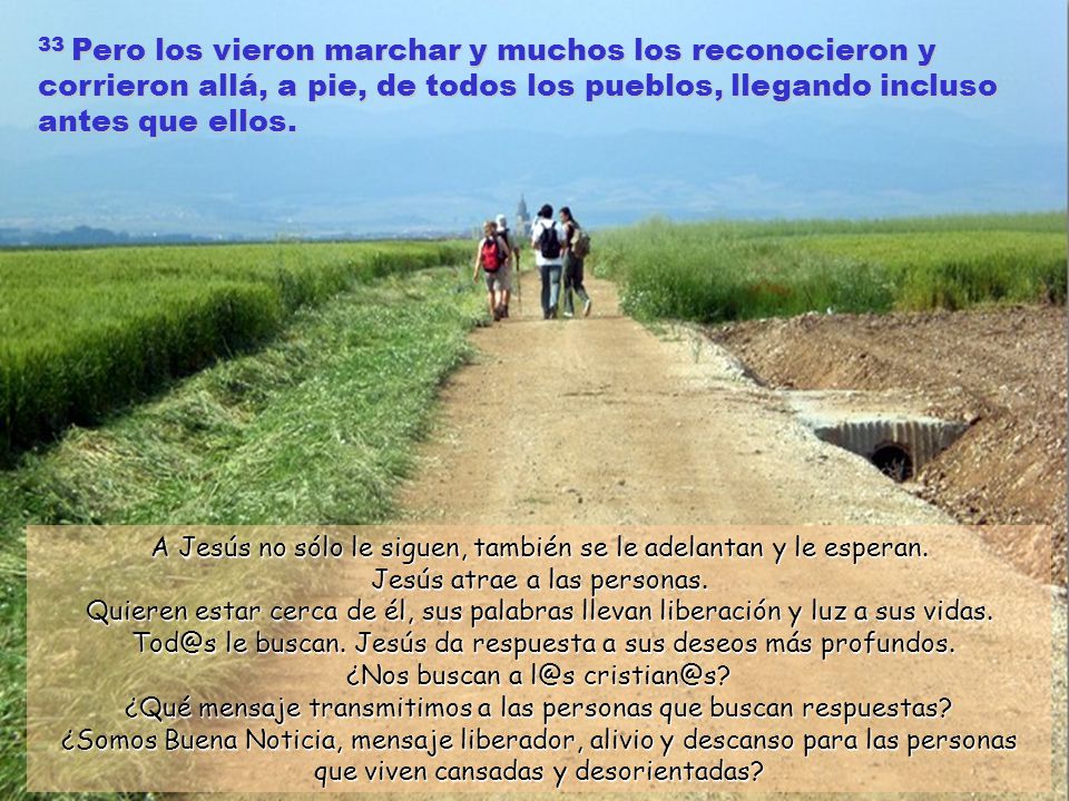33 Pero los vieron marchar y muchos los reconocieron y corrieron allá, a pie, de todos los pueblos, llegando incluso antes que ellos.