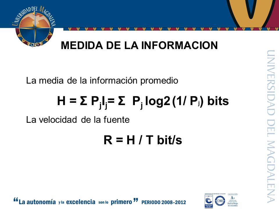 MEDIDA DE LA INFORMACION H = Σ PjIj= Σ Pj log2 (1/ Pj) bits