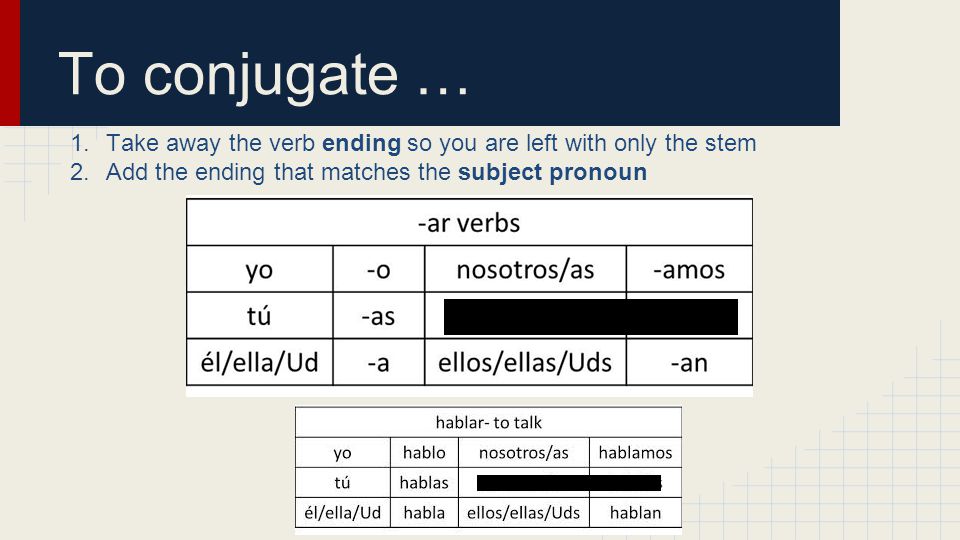 To conjugate … Take away the verb ending so you are left with only the stem.