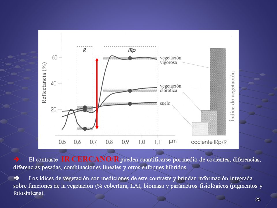 El contraste IR CERCANO/R pueden cuantificarse por medio de cocientes, diferencias, diferencias pesadas, combinaciones lineales y otros enfoques híbridos.