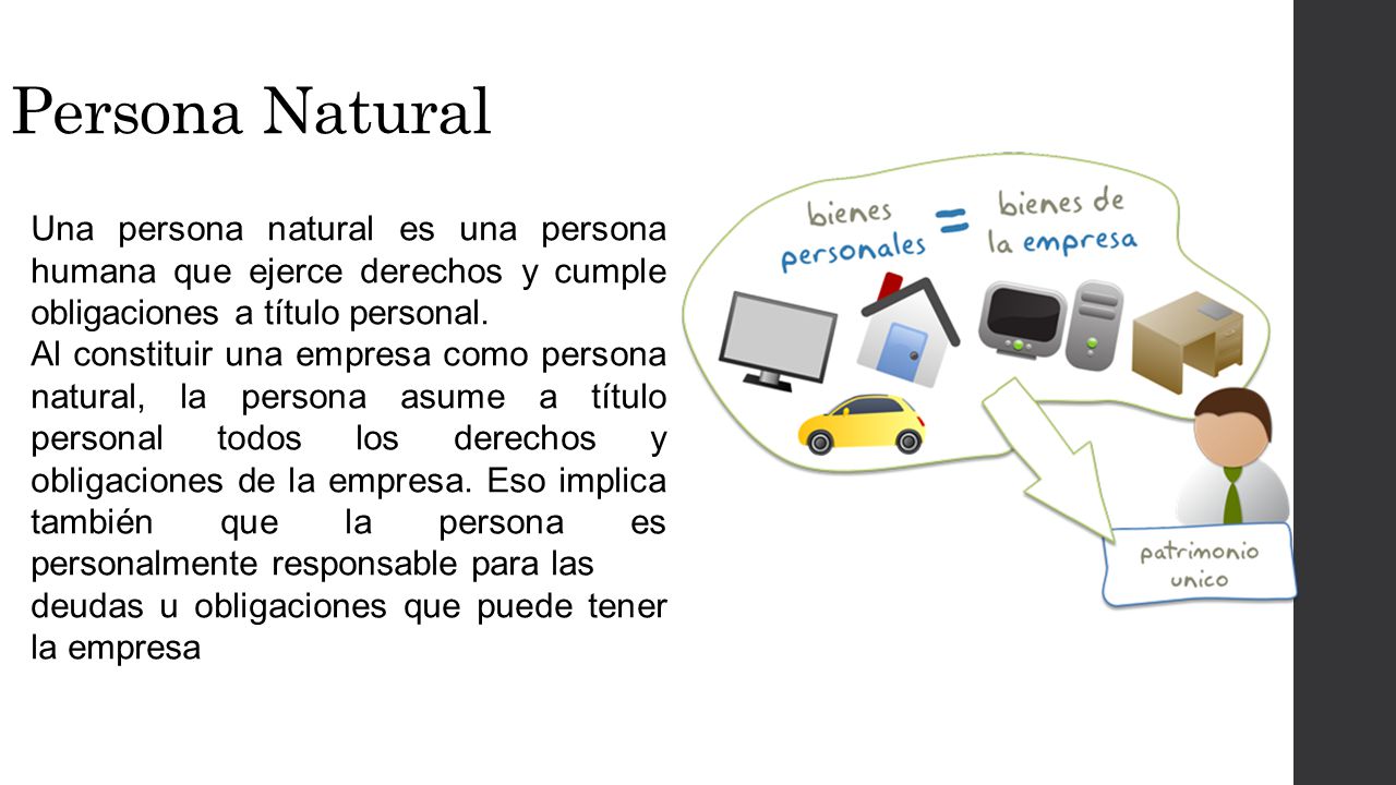 Persona Natural Una persona natural es una persona humana que ejerce derechos y cumple obligaciones a título personal.