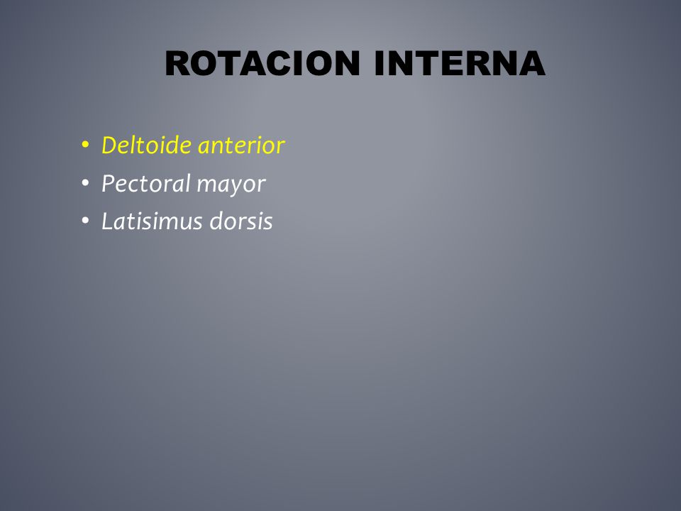 Rotacion Interna Deltoide anterior Pectoral mayor Latisimus dorsis