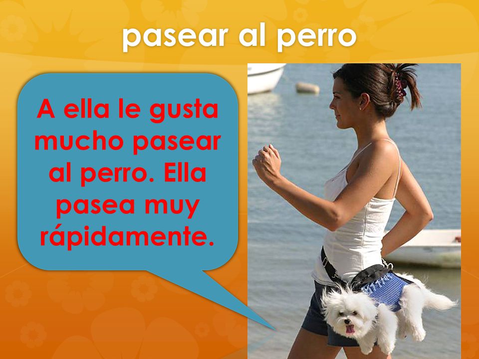 A ella le gusta mucho pasear al perro. Ella pasea muy rápidamente.