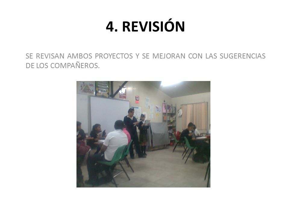 4. REVISIÓN SE REVISAN AMBOS PROYECTOS Y SE MEJORAN CON LAS SUGERENCIAS DE LOS COMPAÑEROS.